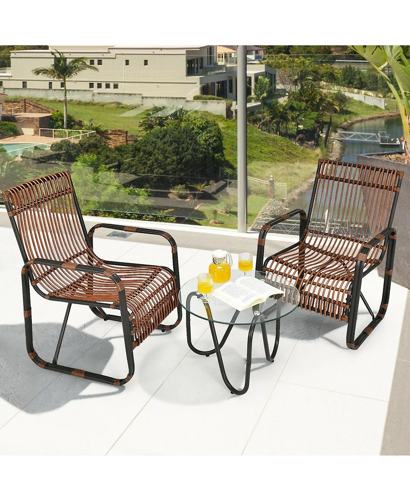 Inolait 3 Pieces Patio Rattan Furniture Set with 2 Single Wicker Chairs and Glass Side Table
