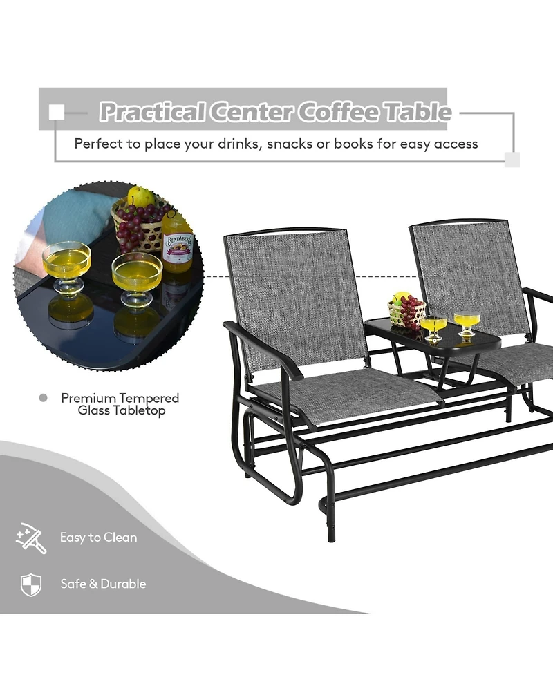 Sugift 2-Person Double Rocking Loveseat with Mesh Fabric and Center Tempered Glass Table