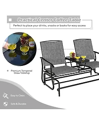 Sugift 2-Person Double Rocking Loveseat with Mesh Fabric and Center Tempered Glass Table