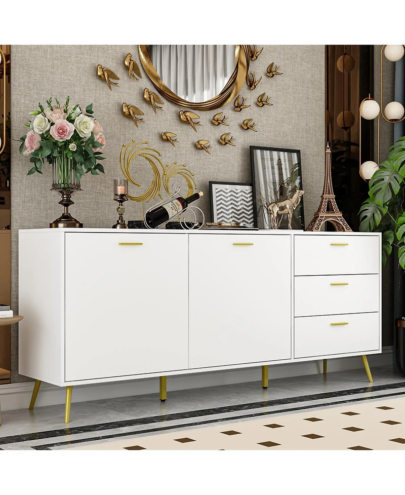 Famapy White Wood Buffet Sideboard Storage Cabinet 3-Drawers 2-Cabinets Shelves