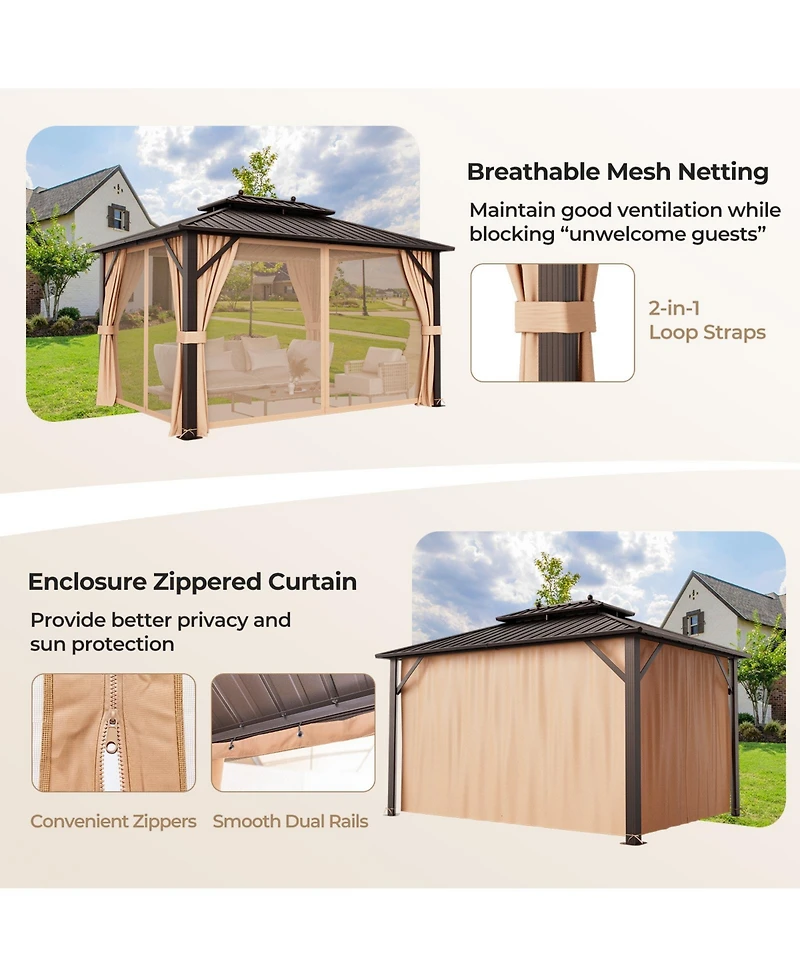 Sugift 10x13ft Double-Roof Patio Hardtop Gazebo with Galvanized Steel Roof Netting and Curtains-Coffee