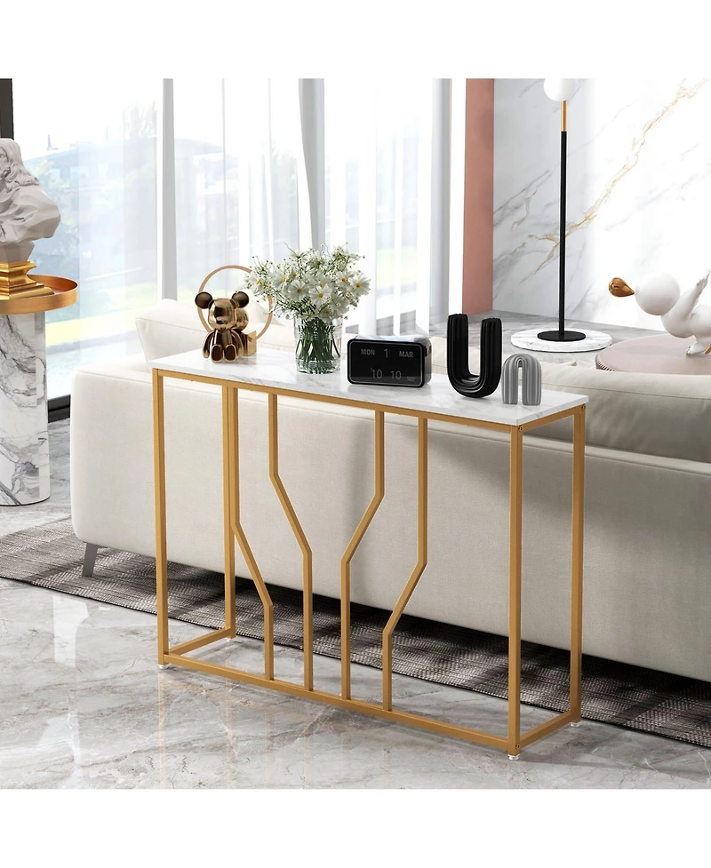 Sugift 44 Inch Modern White Entryway Table with Faux Marble Tabletop-White