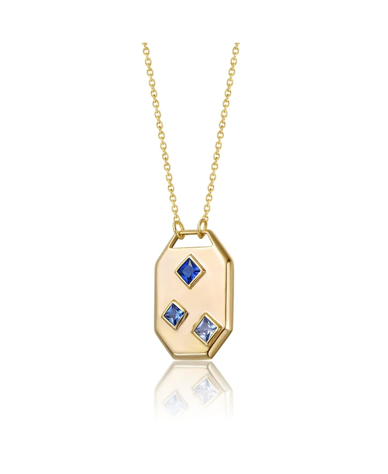 14K Gold Plated Blue Cubic Zirconia Geometric Dog Tag Pendant Necklace