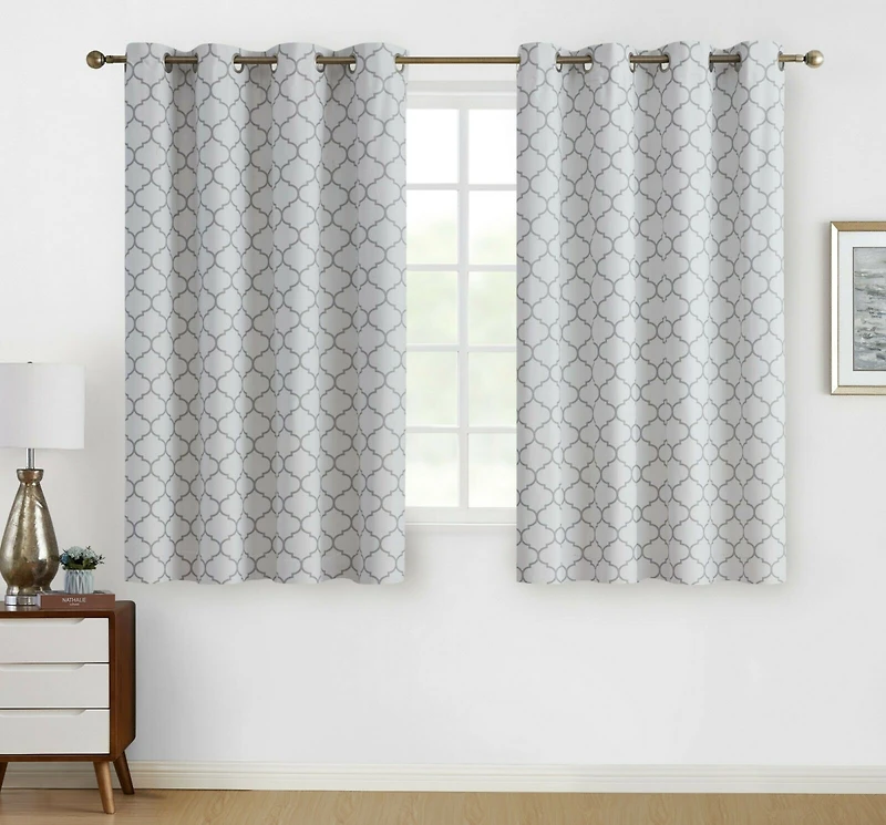 Kate Aurora Chic Living 100% Max Blackout Trellis Clover Thermal Curtains - 52 in. W x 63 L, White
