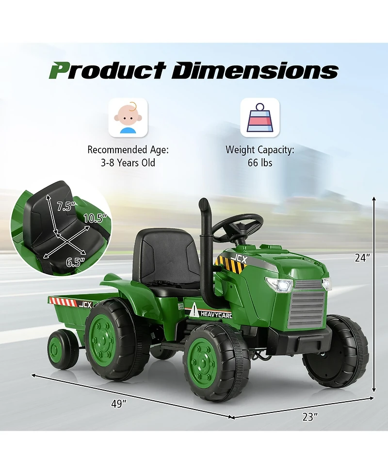 Gymax 2-in-1 Electric Toy Car 12V Kids Ride On Tractor w/ Trailer Remote Control Lights Pink