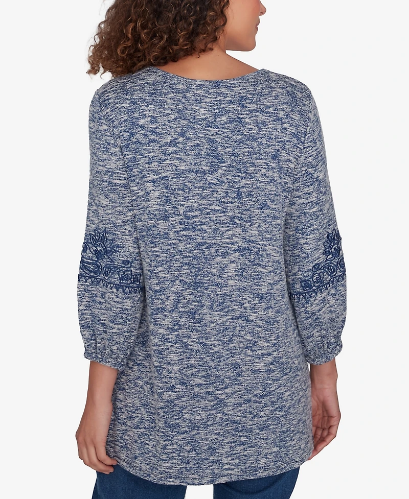 Ruby Rd. Petite Embroidered V-Neck Hatchi Spacedye Knit Top with Balloon Sleeves