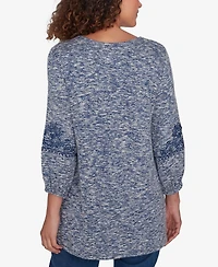 Ruby Rd. Petite Embroidered V-Neck Hatchi Spacedye Knit Top with Balloon Sleeves