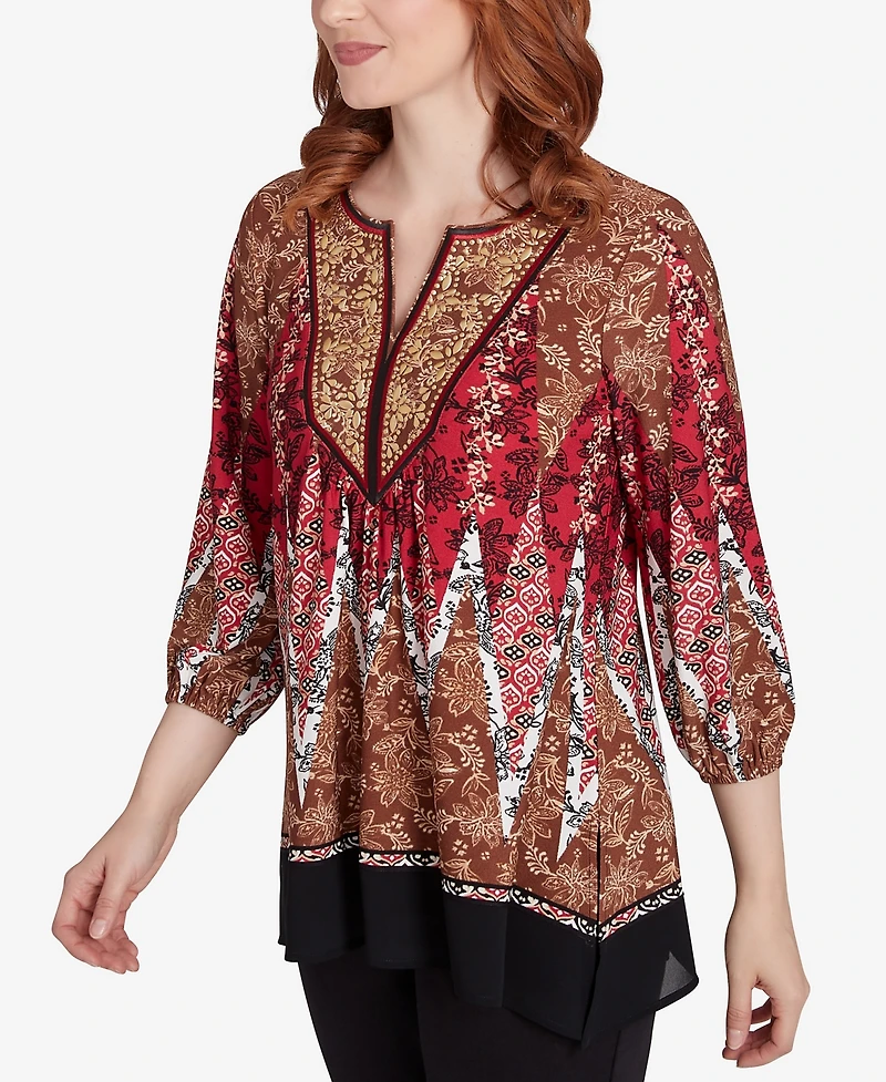 Ruby Rd. Petite Embellished Placket Decorative Border Print Knit Top with Three Quarter Balloon Sleeves
