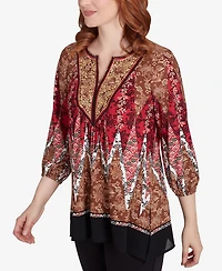 Ruby Rd. Petite Embellished Placket Decorative Border Print Knit Top with Three Quarter Balloon Sleeves