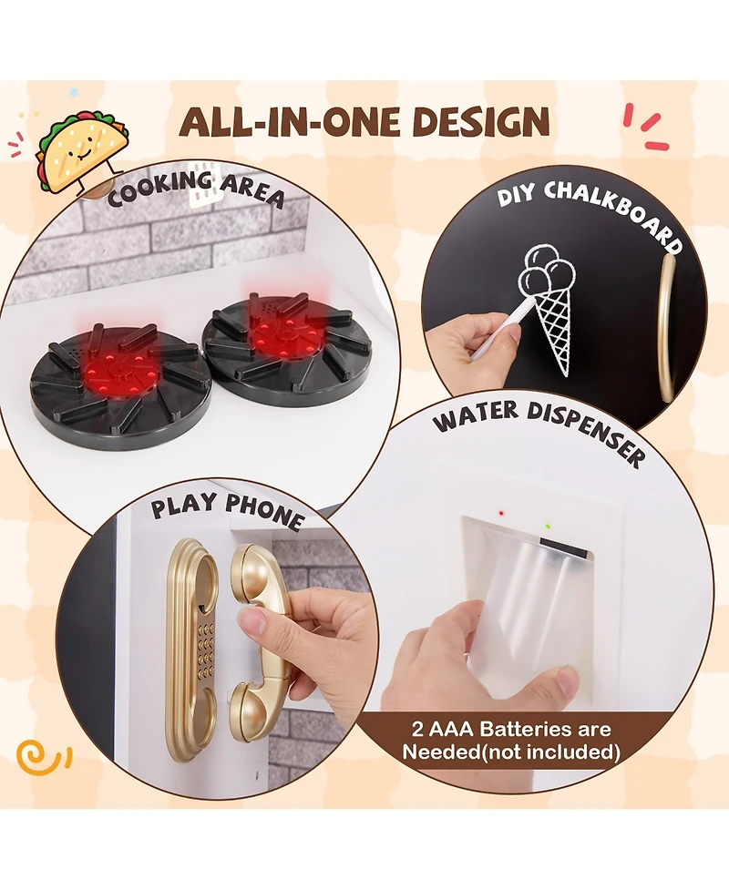 Gymax Play Kitchen Toy Set w/ Chalkboard Oven Sink Curtain Microwave Water Dispenser