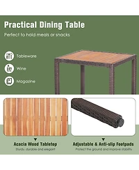 3 Pieces Patio Wicker Furniture Set wih Acacia Wood Table Top and Chair Cushiones