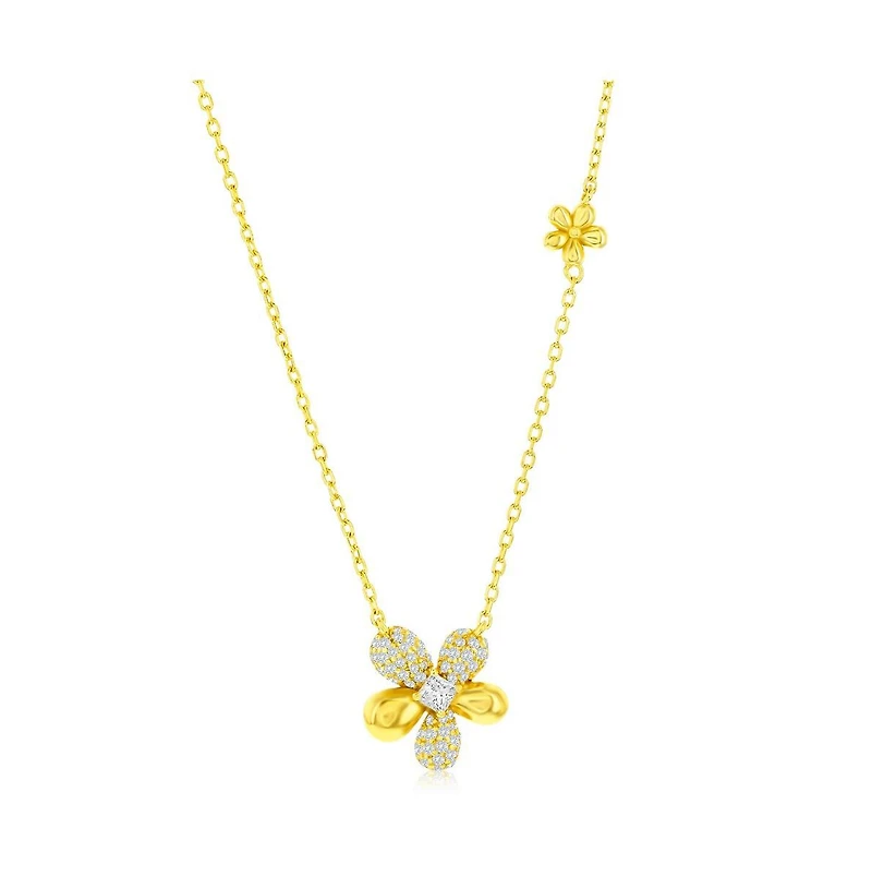 Simona Sterling Silver, Polished & Cz Flower Necklace - Gold Plated