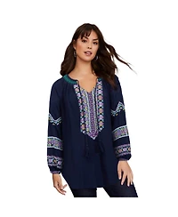 June + Vie Women's Plus Embroidered Peasant Blouse