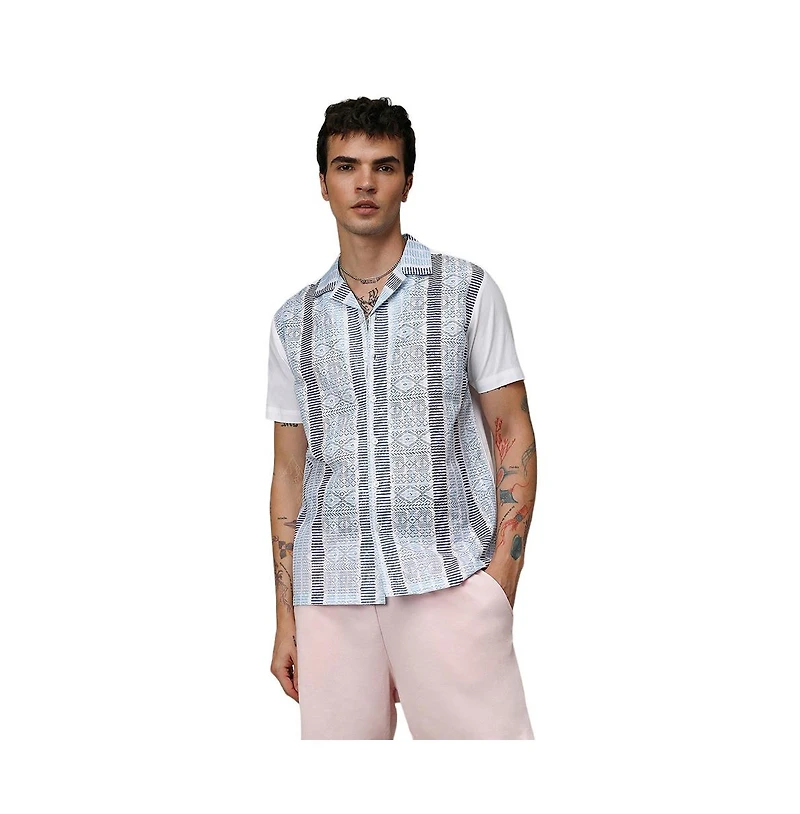 Men's Sky Blue & Midnight Black Fish Eye Ethnic Shirt