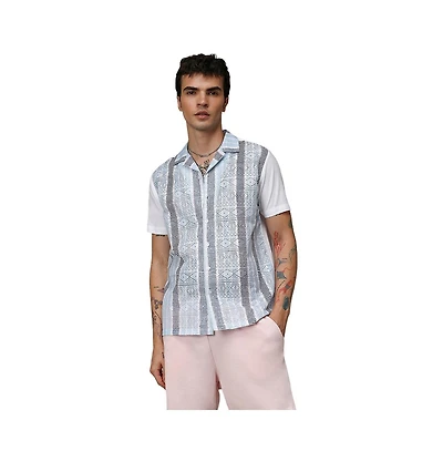Men's Sky Blue & Midnight Black Fish Eye Ethnic Shirt