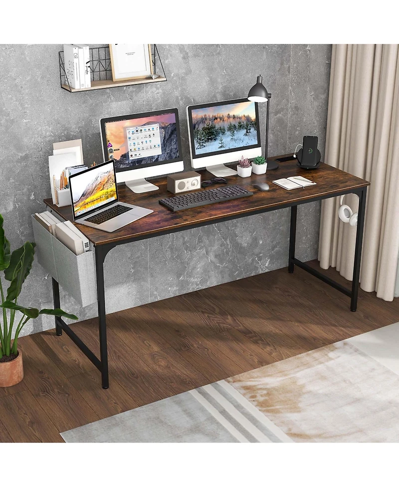 60" Modern Computer Desk with Charging Station with Storage Bag & Headphone Hook