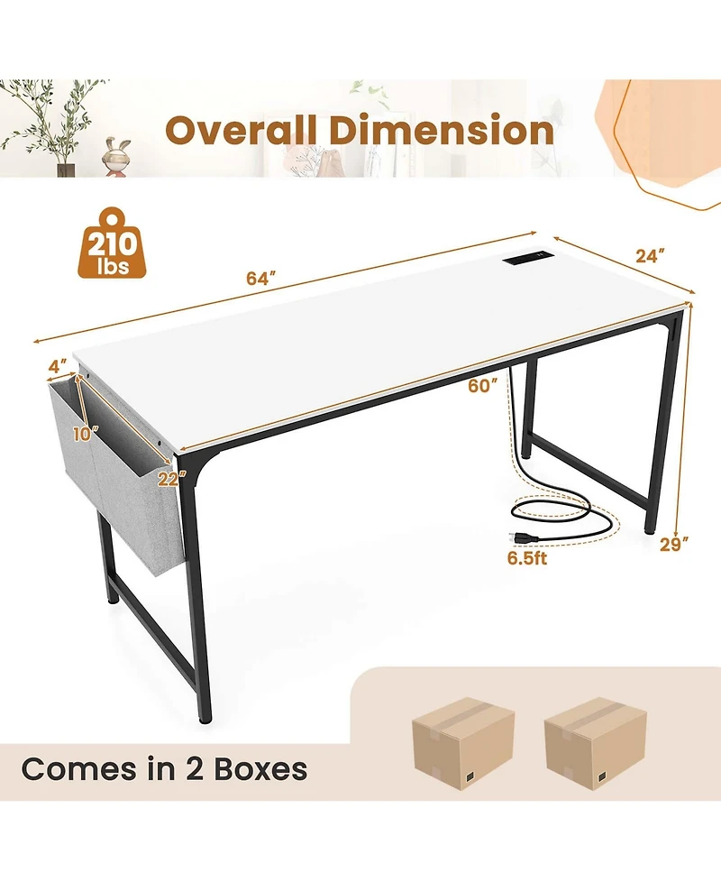 Set of 2 Meeting Room Desk with Charging Station & Headphone Hook Metal Frame