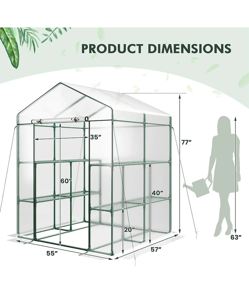 Portable Mini Greenhouse with 3 Tiers 8 Shelves Roll-up Zippered Door for Plants