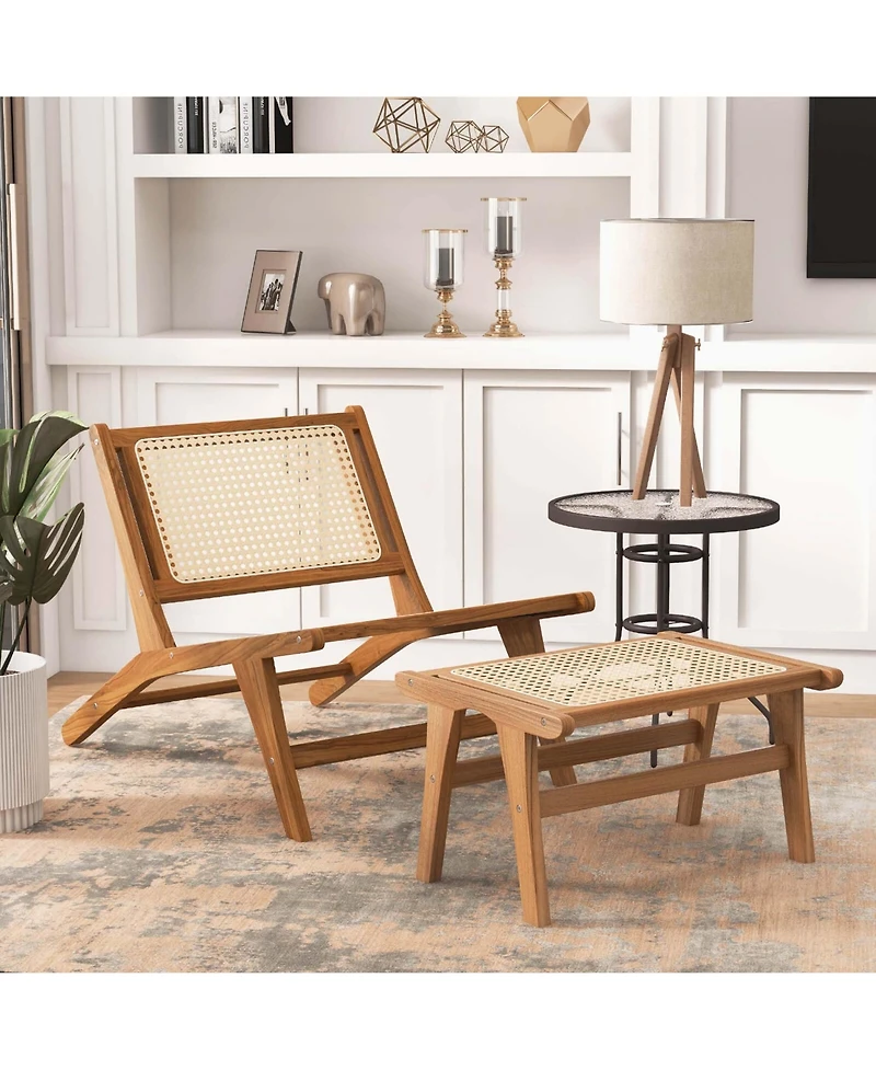 1 Pcs Ottoman Footstool Natural Teak Wooden Foot Rest with Handwoven Rattan Indoor