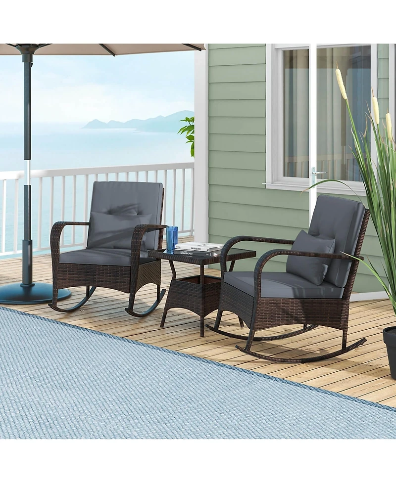 3 Pcs Rocking Bistro Set with Removable Cushions & Tempered Glass Top Coffee Table