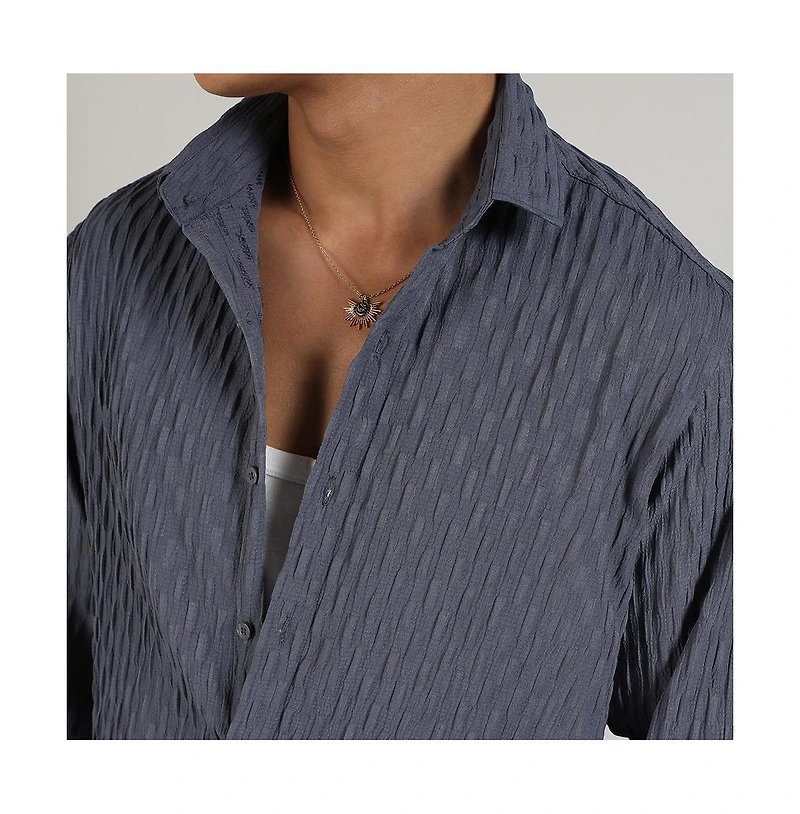 Men's Prussian Blue Crinkled-Weave Shirt