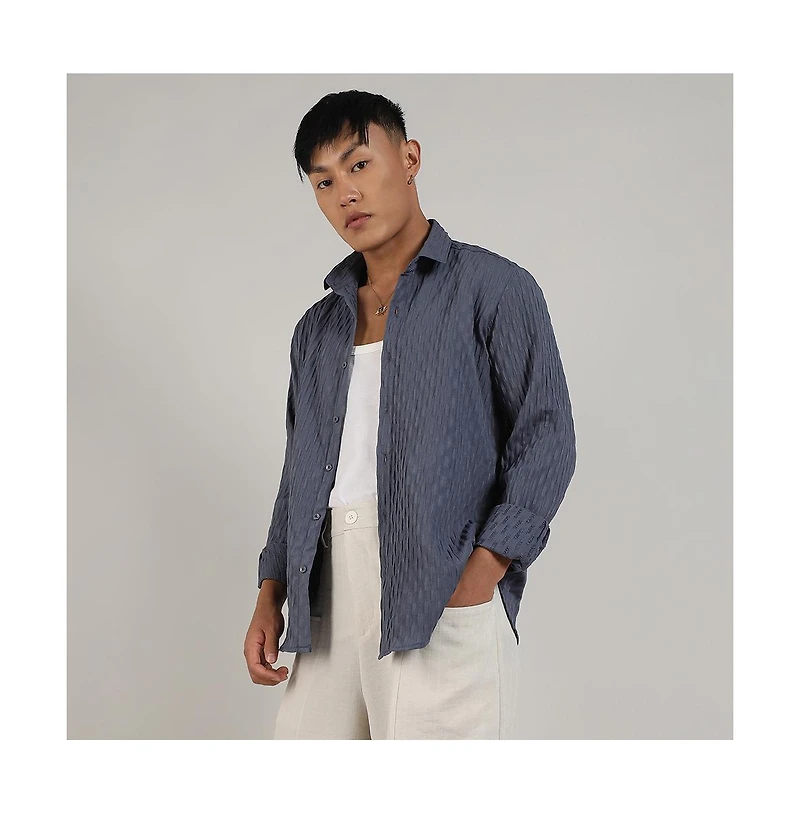 Men's Prussian Blue Crinkled-Weave Shirt