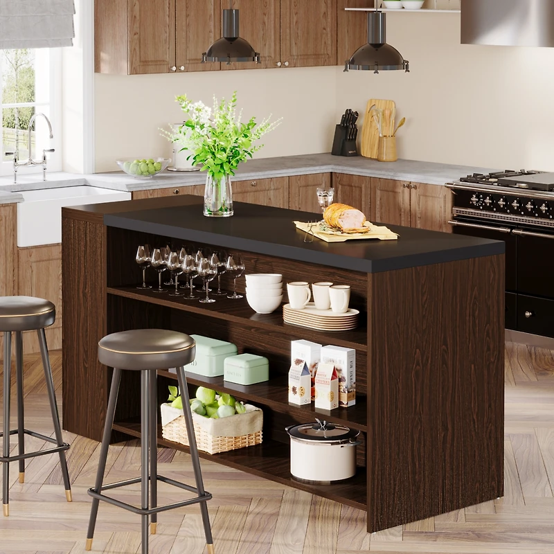 Tribesigns 55" Kitchen Island with Storage, Farmhouse 5-Tier Stationary Island Table with 5 Shelves, Wood Coffee Bar Table Storage Cabinet with Large