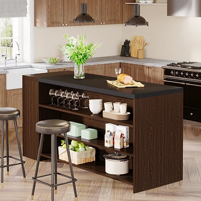 Tribesigns 55" Kitchen Island with Storage, Farmhouse 5-Tier Stationary Island Table with 5 Shelves, Wood Coffee Bar Table Storage Cabinet with Large