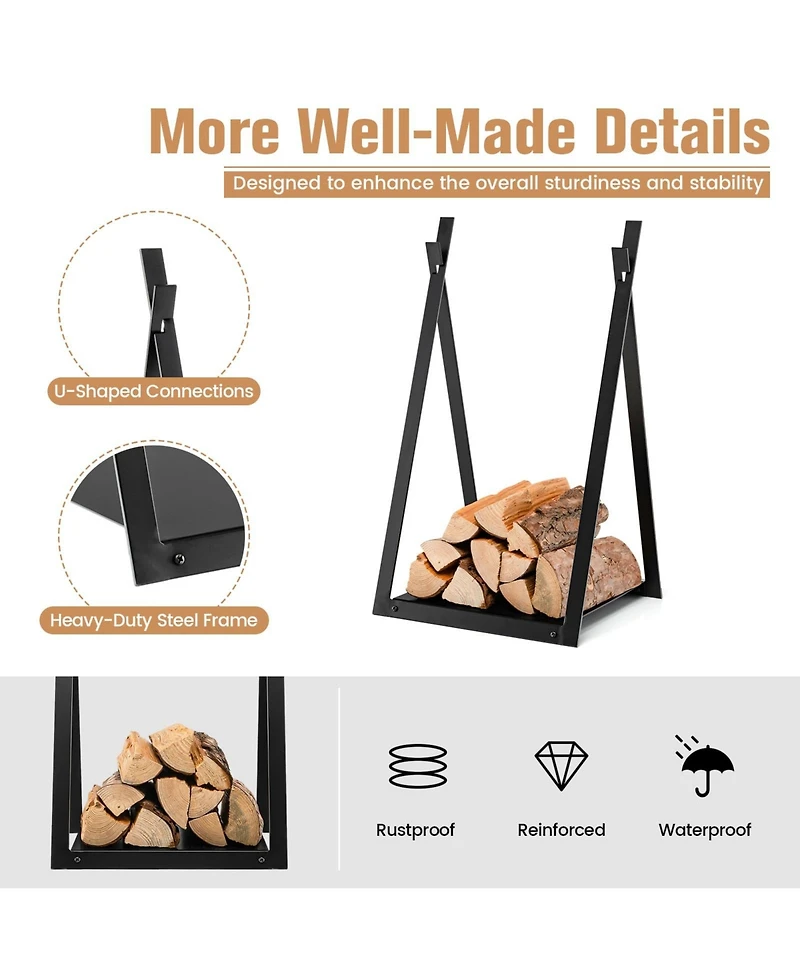 Skonyon Triangle Firewood Rack with Raised Base for Fireplace Fire Pit-Black