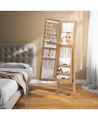 Freestanding Lockable Jewelry Armoire with Full-Length Mirror and 6 Led Lights-Natural
