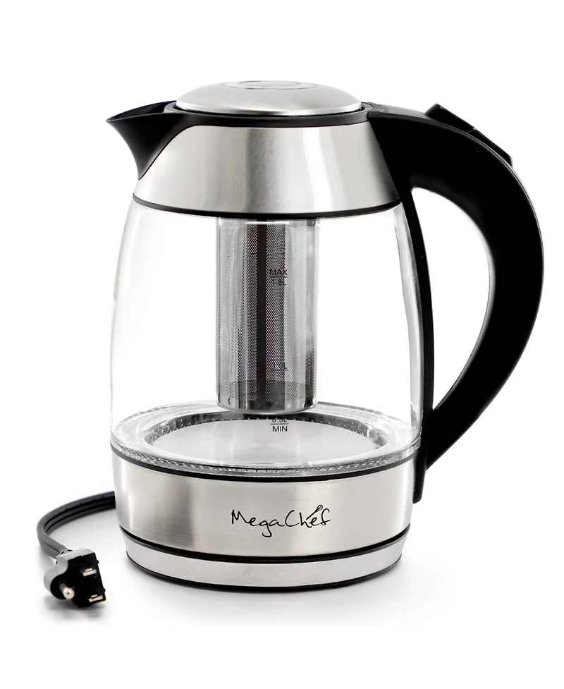 MegaChef 1.8 Quart Glass Body and Stainless Steel Electric Tea Kettle with Tea Infuser