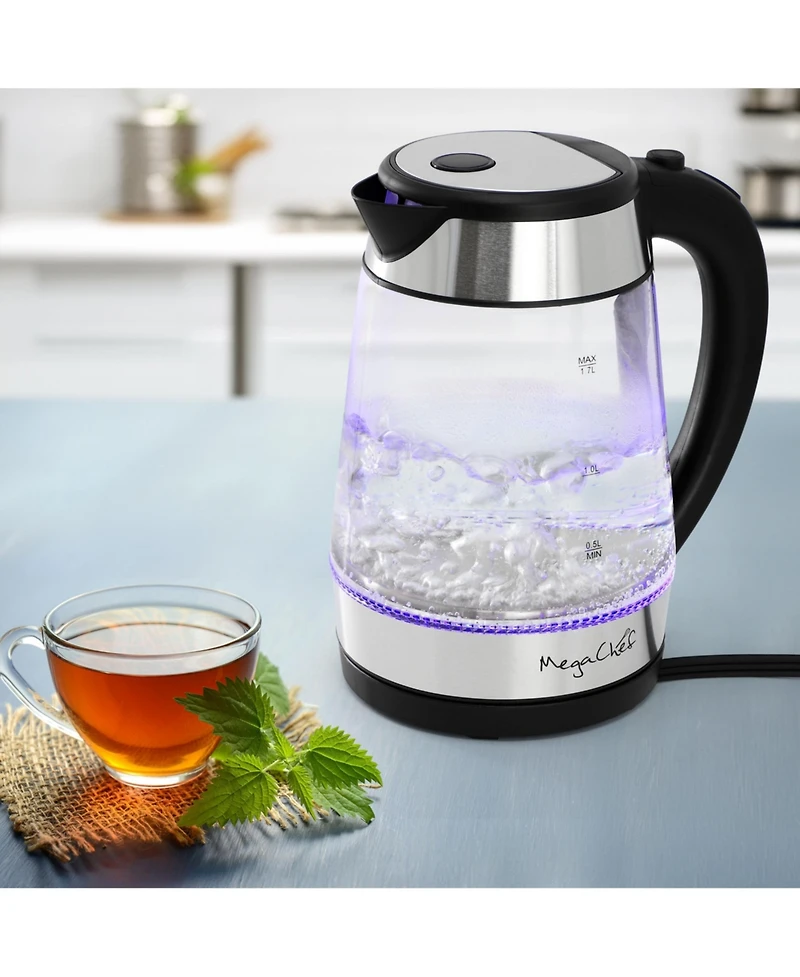 MegaChef 1.7 Quart Glass and Stainless Steel Electric Tea Kettle in Silver