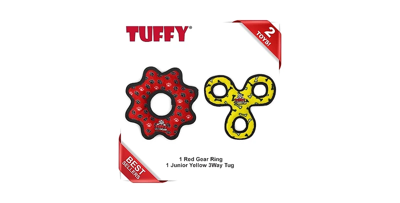 Tuffy Gear Ring Red & Jr 3 Way Tug Yellow -Combo Pack, Durable Dog Toys