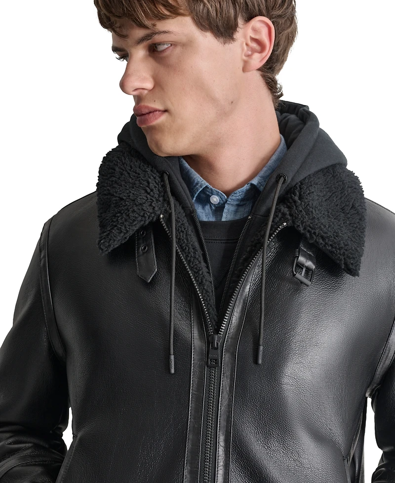 Dkny Men's Faux Leather Jacket with Removable Faux Fur Bib