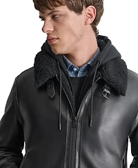 Dkny Men's Faux Leather Jacket with Removable Faux Fur Bib
