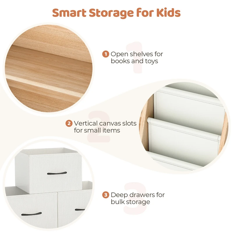 Wooden Kids Storage Organizer Shelf with Book Rack and Fabric Bins