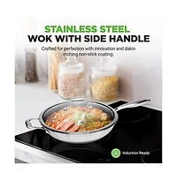 NutriChef 12'' Durable Wok with Side Handle - Triply Stainless Steel Cookware, Dakin Etching Non-Stick Coating Inside and Outside