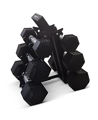 HolaHatha Hexagonal Dumbbell Free Hand Weight Set w/Rack, 5, 10, & 15 Lbs, Black