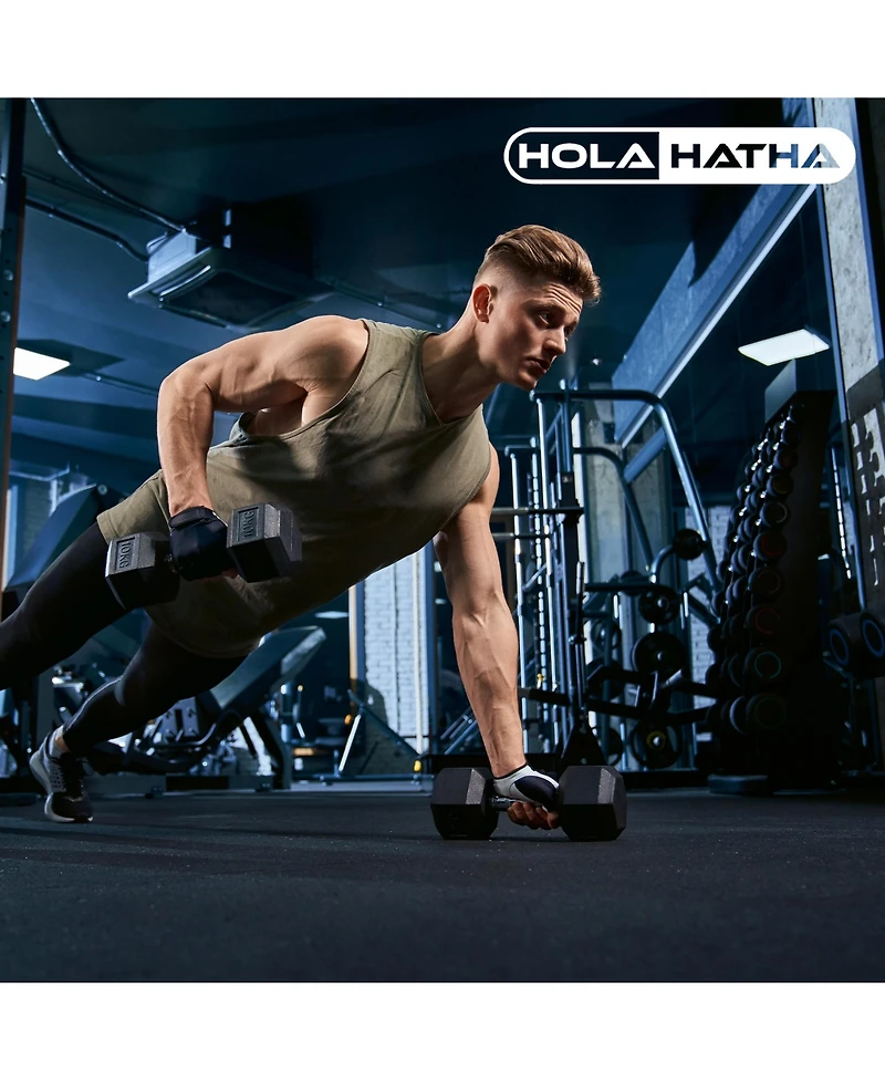 HolaHatha Hexagonal Dumbbell Free Hand Weight Set w/Rack, 5, 10, & 15 Lbs, Black