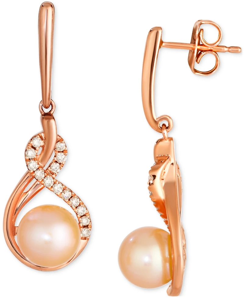 Le Vian Pink Freshwater Pearl (7mm) & Nude Diamond (1/5 ct. t.w.) Twist Drop Earrings in 14k Rose Gold