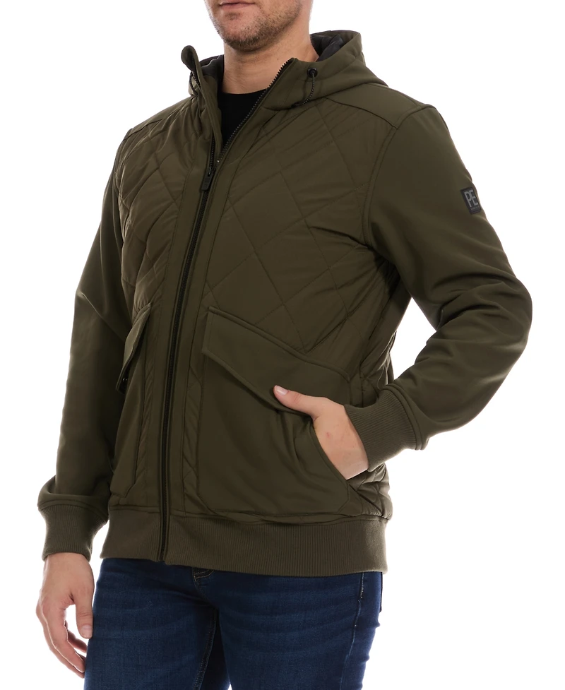 Perry Ellis Men's Diamond Quilted Hooded Softshell Bomber Jacket