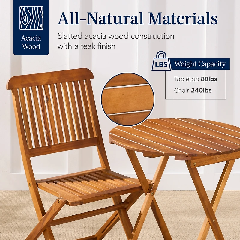 Best Choice Products 3-Piece Acacia Wood Bistro Set, Folding Patio Furniture w/ 2 Chairs, Table