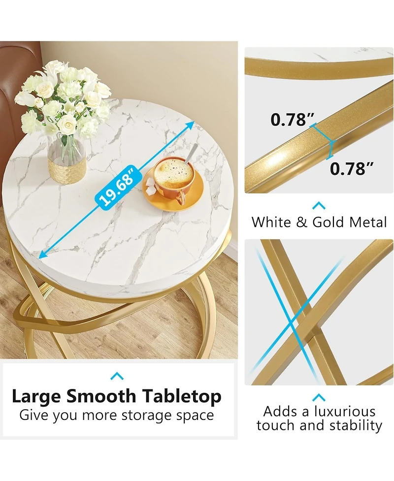 Tribesigns White and Gold Faux Marble Top End Tables Set of 2, Round Nightstands Sofa Side Table with Double X-Shaped Ring Unique Design for Bedroom