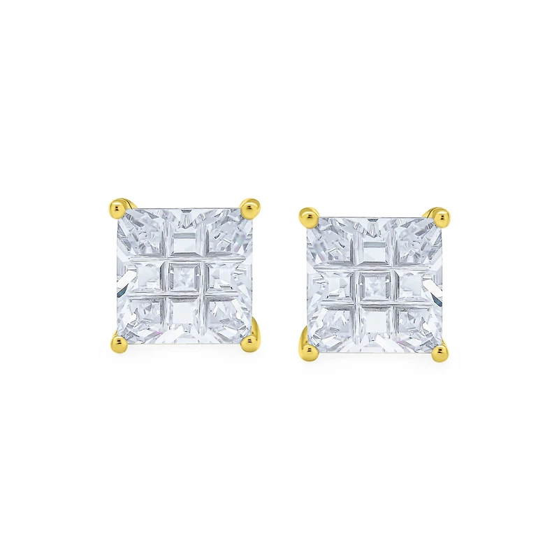 Bling Jewelry Square Cz Cubic Zirconia Invisible Cut Stud Earrings 14K Gold Plated .925 Sterling Silver
