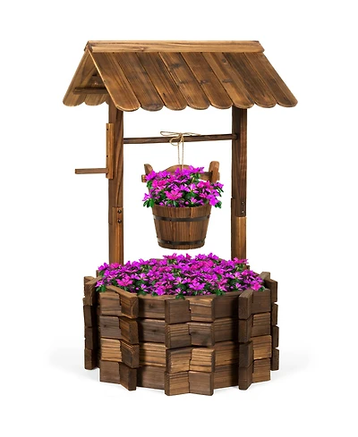 Best Choice Products Rustic Wooden Wishing Well Planter Outdoor Home Decor for Patio, Garden, Yard w/ Hanging Bucket