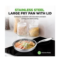 NutriChef 12'' Stir Fry Pan with Glass Lid - Triply Stainless Steel Cookware, Dakin Etching Non-Stick Coating Inside and Outside