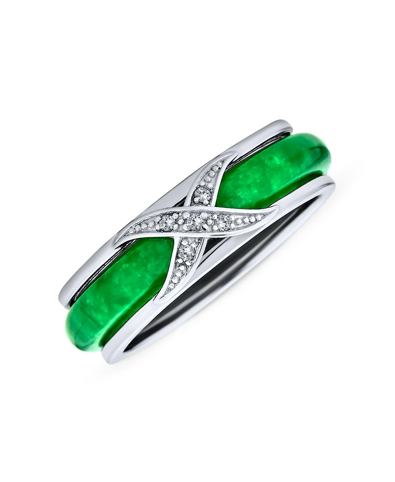 Bling Jewelry Pave Cz Accent Criss Cross Cubic Zirconia X Kiss Dyed Green Jade Band Ring .925 Sterling Silver