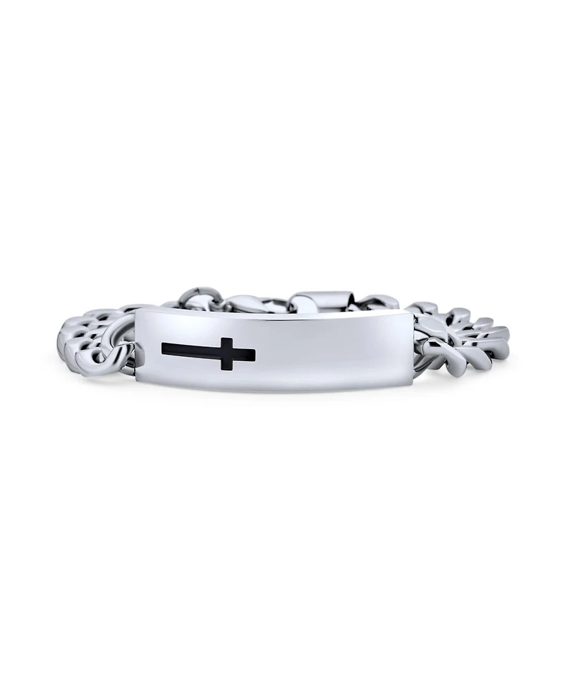 Bling Jewelry Name Plated Religious Side Ways Cross Identification Id Bracelet Curb Stainless Steel