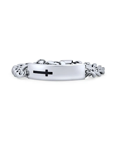 Bling Jewelry Name Plated Religious Side Ways Cross Identification Id Bracelet Curb Stainless Steel