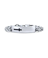 Bling Jewelry Name Plated Religious Side Ways Cross Identification Id Bracelet Curb Stainless Steel